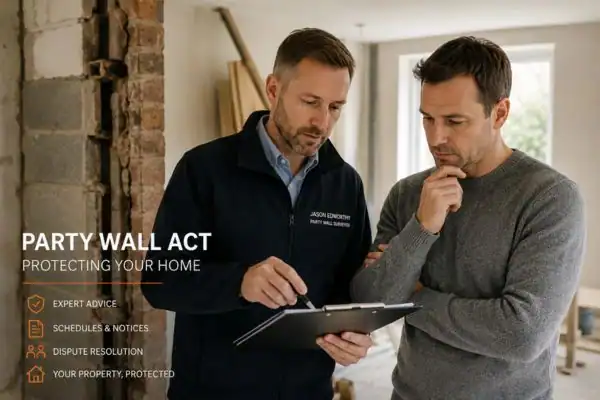 Party wall surveyor Milton Keynes discussing extension plans with homeowner outside a UK semi-detached house.